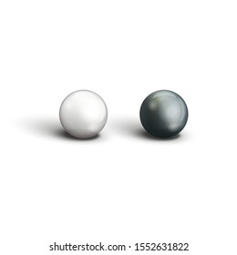 Realistic two black and white pearls closeup view isolated objects on a white background for advertising jewellery, jewelry 3d vector illustration