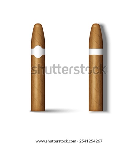 Realistic two cigars with blank labels for branding isolated on a white background in 3d vector clipart illustration, symbolizing elegance and tradition, for tobacco products designs.