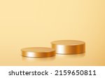 Realistic two different golden blank product podium scene isolated on gold background. Geometric metallic  shape for product branding. Gold cylinder mock up scene.  3d vector illustration background