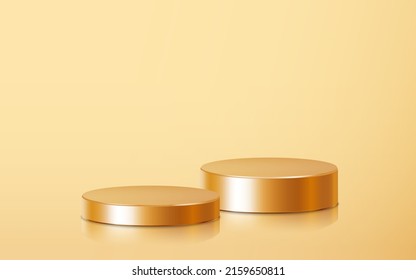 Realistic two different golden blank product podium scene isolated on gold background. Geometric metallic  shape for product branding. Gold cylinder mock up scene.  3d vector illustration background