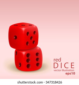 Realistic two gold dice stacked isolated on incarnadine background