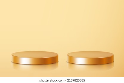 Realistic two golden blank product podium scene isolated on gold background. Geometric metallic round shape for product branding. Gold cylinder mock up scene.  3d vector illustration background