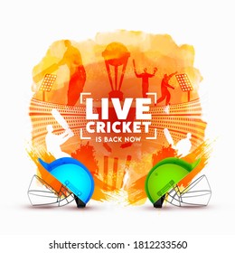 Realistic Two Helmet of Participants Team with Silhouette Cricketers and Orange Watercolor Brush Effect on White Background. Live Cricket Is Back Now.