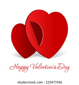Realistic two Red Heart cut out of paper. Valentine's day or Wedding vector background