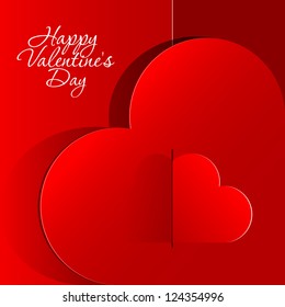 Realistic two Red Heart cut out of paper. Valentine's day or Wedding vector background