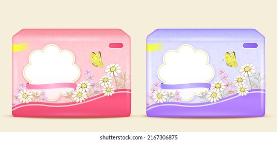 Realistic two sanitary pads packages with floral illustrations on the pack isolated on light yellow background