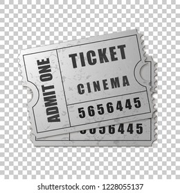 Realistic Two silver cinema tickets isolated object on transparent background. Cinema, theater, concert, movie, performance, party, event festival ticket template. Admit one. Vector Illustration