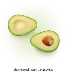 Realistic Two Slices Of Avocado Isolated On White Background. EPS10 Vector