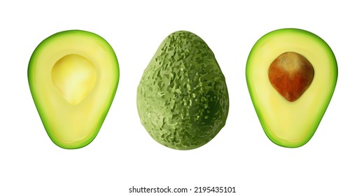 Realistic Two Slices Of Avocado Isolated On White Background. EPS10 Vector