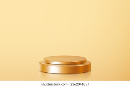 Realistic two stack golden blank product podium scene isolated on gold background. Geometric metallic round shape for product branding. Gold cylinder mock up scene.  3d vector illustration background