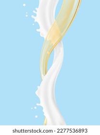 Realistic two swirling waves in a spiral with drops. Vector illustration. Can be use for your design. Great for imaging milk, cream, oil and other liquids. EPS10.	