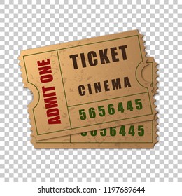 Realistic Two vintage cinema tickets isolated object on transparent background. Cinema, theater, concert, movie, performance, party, event festival ticket template. Admit one. Vector Illustration
