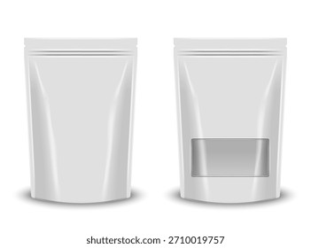 Realista dos doypack blanco en blanco levantar bolsas con cierre de cremallera vista frontal aislada en blanco, uno con ventana transparente clara, anuncio de un producto de embalaje maqueta Vector 3D para alimentos, industria cosmética