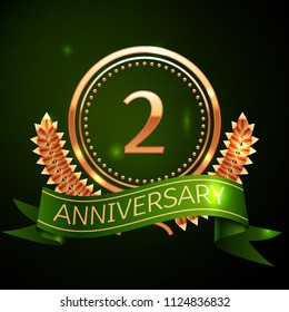 Realistic Two Years Anniversary Celebration Design with Golden Ring and Laurel Wreath, green ribbon on green background. Colorful Vector template elements for your birthday celebrating party
