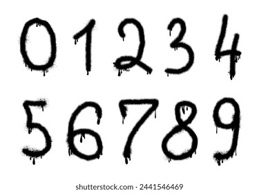 Realistic typeface, isolated numbers drawn in graffiti spray style. Vector numeric characters and digits with paint splashes and spilling, creative street art and urban trend decoration