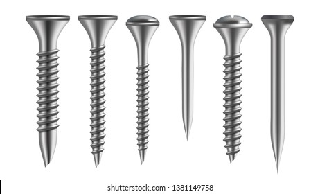 Realistic Types Of Iron Screw And Nail Set Vector. Collection Of Fastener Ironware Screw, Clincher And Rivet Industrial Mounting Details. Side View Isolated Detail Image. 3d Illustration