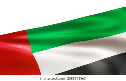 Realistic UAE flag. Wavy national flag of the United Arab Emirates isolated on white background. Patriotic symbol country for celebration National day. 3d vector illustration