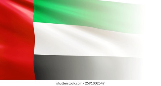 Realistic UAE flag. Wavy national flag of the United Arab Emirates with blurred edge isolated on white background. Country symbol  for celebrating patriotic holidays. 3d vector illustration
