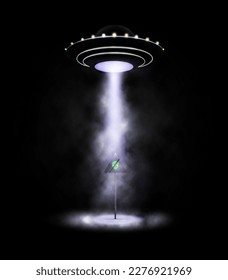 Realistic UFO in the dark. A bright beam shines on the identification mark. The road is closed to aliens. Vector illustration.