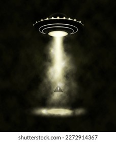 Realistic UFO with light bulbs and beam. A flying saucer with a warning sign in the smoke. Vector illustration.