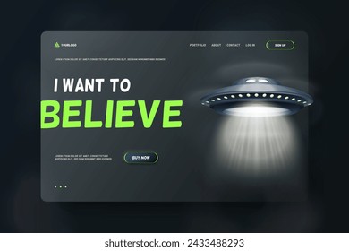 Ovni realista. Afiche de conspiración de fondo de nave espacial extraterrestre, rayo de luz de abducción nocturna extraterrestre, platillo cósmico de nave espacial 3d modelo de diseño moderno ilustración vectorial de nave espacial extraterrestre