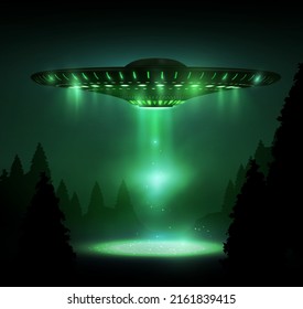 Realistic UFO, Unidentified flying object. Alien space ships with green light beam, smoke and sparkles. Mystical green background