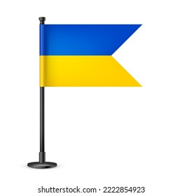 Realistic Ukrainian table flag on a black steel pole. Souvenir from Ukraine. Desk flag made of paper or fabric and shiny metal stand. Mockup for promotion and advertising. Vector illustration