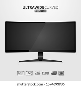 Realistic ultra wide curved modern monitor compter element design