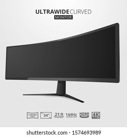 Realistic ultra wide curved modern monitor compter element design