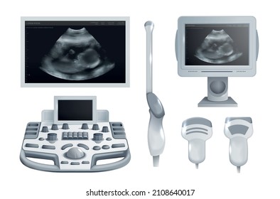 Realistic ultrasound equipment with special transducer for pregnancy screening and embryo snapshot isolated vector illustration