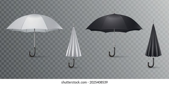 Realistic umbrella canes icon set four umbrellas open and close on transparent background vector illustration