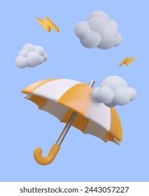 Realistic umbrella, clouds with lightning. Concept of bad weather on blue background