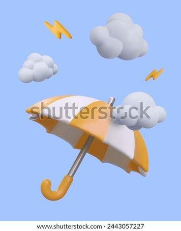 Realistic umbrella, clouds with lightning. Concept of bad weather on blue background