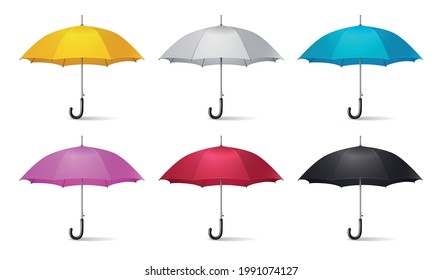 Realistic umbrella icon set with umbrellas canes yellow white blue pink red and black colors vector illustration