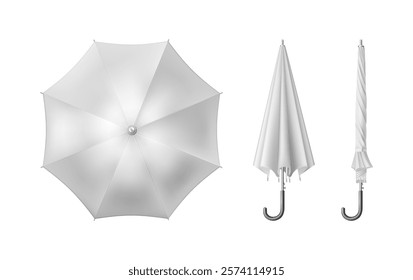 Realistic umbrella, isolated canopy in open and closed form. Vector isolated parasols with wooden curved or hook style handle. Functional and fashionable, ceremonial or decorative items