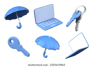 Realistic umbrella, laptop with blank screen, keys in different positions