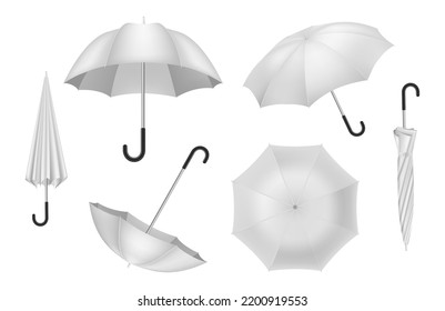 Realistic umbrella, white parasol, closed and open canopy. Plastic sun handle waterproof device, light shadow object, rain protect. Blank empty elements for branding, vector 3d objects set