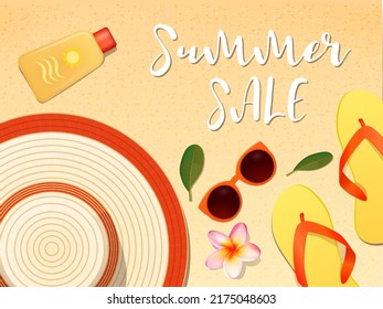realistic ummer vector background with a set of beach icons for banners, cards, flyers, social media wallpapers, etc.