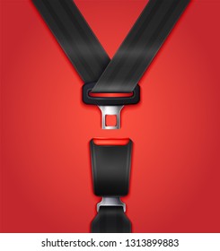 Реалистичный разблокированный ремень безопасности пассажира с застежкой и черным ремешком на красном фоне