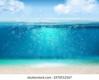 Realistic underwater background. Lake or sea bottom beneath water, ocean waterline sky horizon dark depth under wave marine undersea pool travel diving, exact vector illustration