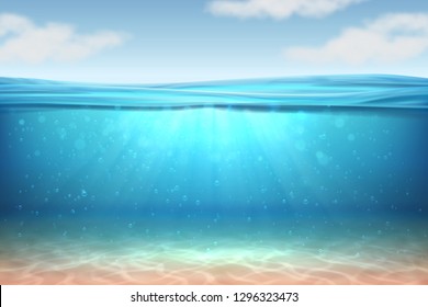 Realistic underwater background. Ocean deep water, sea under water level, sun rays blue wave horizon. Water surface 3D vector concept