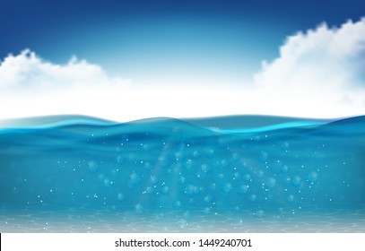 Realistic underwater background. Ocean deep water, sea under water level, blue wave horizon with sky and cloud. Water surface 3D vector concept