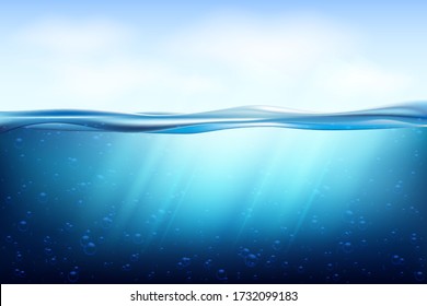 Realistic underwater background. Ocean deep water, sea under water level, sun rays blue wave horizon.Seamless pattern with sea waves and bottom. 