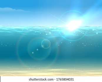 Realistic Underwater Background. Ocean Deep Water, Sea Under Water Level, Sun Rays Blue Wave Horizon. Vector Illustration.