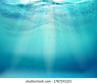 Realistic underwater background and ocean deep water with sun rays. Vector water surface concept. Vector illustration