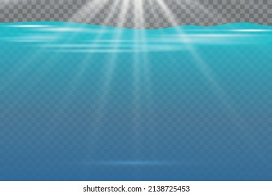 Realistic Underwater Background. Ocean Deep Water, Sea Under Water Level, Sun Rays Blue Wave Horizon. Water Surface Vector Concept