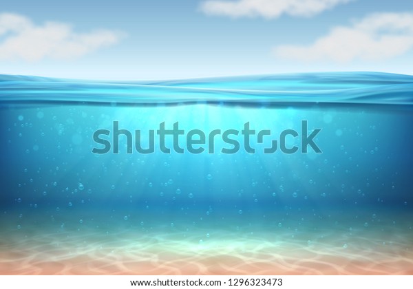 Realistic underwater background. Ocean deep\
water, sea under water level, sun rays blue wave horizon. Water\
surface 3D vector\
concept