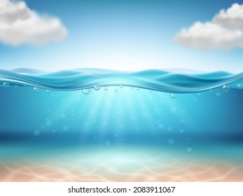 Fondo submarino realista. Agua del océano, mar bajo el nivel del agua. Imagen realista del vector