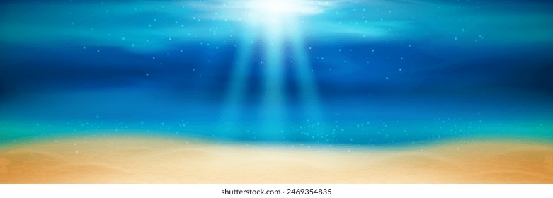 Realistic underwater background. Water surface ocean, sea with air bubbles, sun rays with sand shelf.