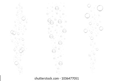 Realistic underwater fizzing air bubbles isolated on white background. Sparkling water, air bubbles in aquarium, soda drink. Vector